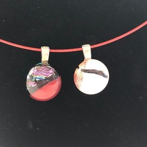 Two Glass Pendents with Wired Chain Necklace.